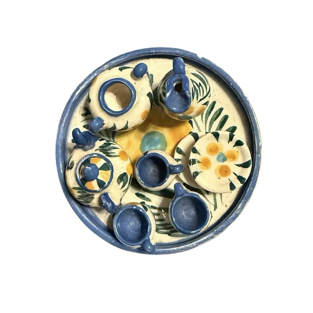 Handmade Ceramic Miniature Tea Set - Signed By Artist - Blue And Yellow - 10‎ Pc